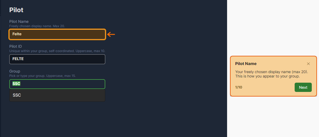 The tour shows the required fields one by one